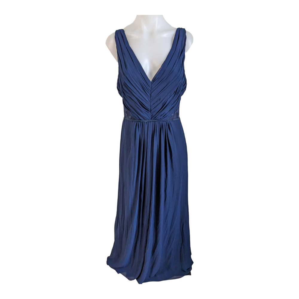 Monique Lhuillier Size 10 Shirred Gown Shift Maxi Dress Navy Lace Empire Waist